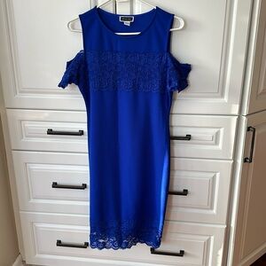 Another Story Blue Cold Shoulder Dress with Lace‎ Detail